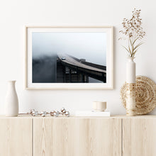 Load image into Gallery viewer, Framed print on white background of Porsche 918 Spyder going over Bixby Canyon Bridge in fog