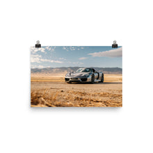 Load image into Gallery viewer, Liquid Metal Silver Porsche 918 Spyder in Neenach, California desert