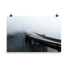 Load image into Gallery viewer, Liquid Metal Silver Porsche 918 Spyder going over Bixby Canyon Bridge in fog