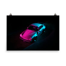 Load image into Gallery viewer, Porsche 911 Turbo lit in pink and cyan from above

