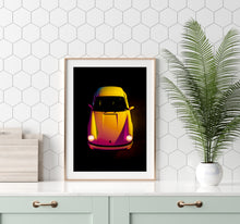Load image into Gallery viewer, Framed print of Porsche 911 lit in yellow and pink
