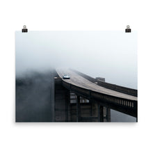 Load image into Gallery viewer, Liquid Metal Silver Porsche 918 Spyder going over Bixby Canyon Bridge in fog
