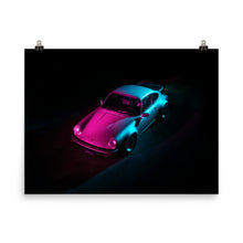 Load image into Gallery viewer, Porsche 911 Turbo lit in pink and cyan from above
