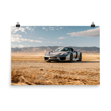 Load image into Gallery viewer, Liquid Metal Silver Porsche 918 Spyder in Neenach, California desert
