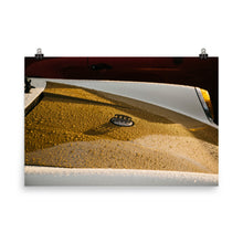 Load image into Gallery viewer, Gold and white vintage Porsche 911 hood detail in rain
