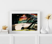 Load image into Gallery viewer, Framed image on white wall of Porsches at Luftgekühlt 
