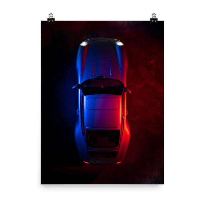 Porsche 911 (993) lit in red and blue from above