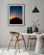Load image into Gallery viewer, Framed image on white wall of Porsche 911 profile silhouette at sunset 
