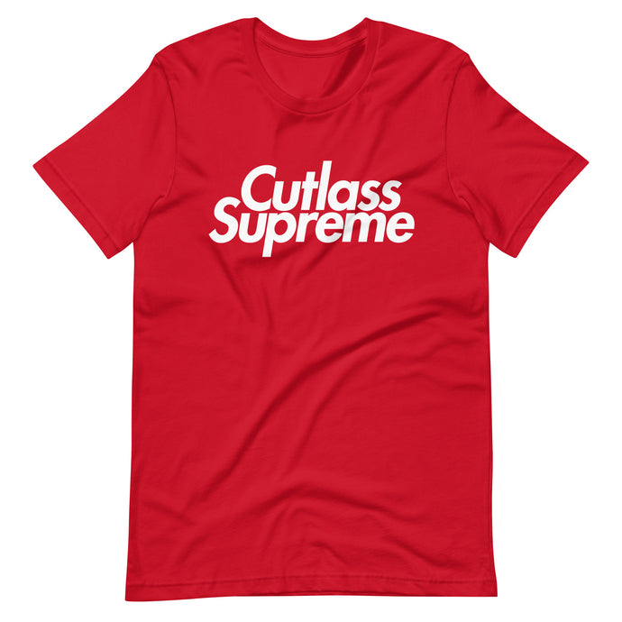 Red shirt that says Cutlass Supreme in the Supreme font